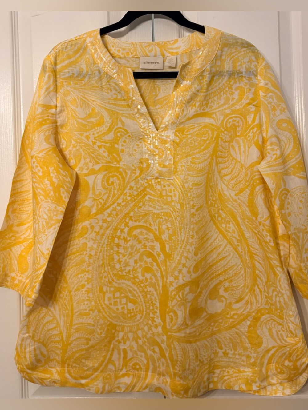 Chicos Womens Tunic, Linen, Yellow & White, Chicos size 2